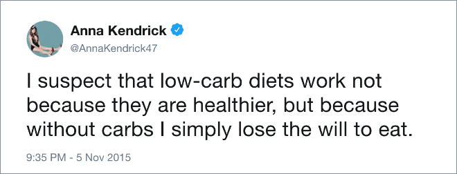 I suspect that low-carb diets work not because they are healthier, but because without carbs I simply lose the will to eat.