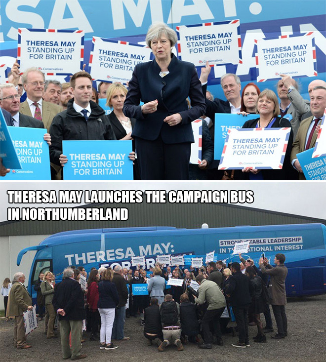 Theresa May launches the campaign bus in Northumberland.