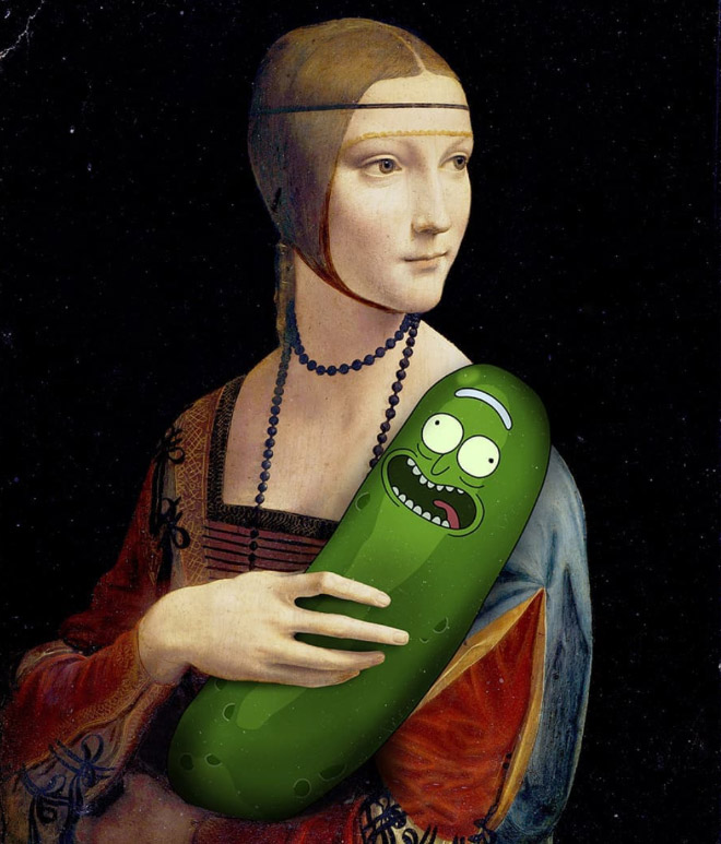 Pickle Rick mashed with Mona Lisa.