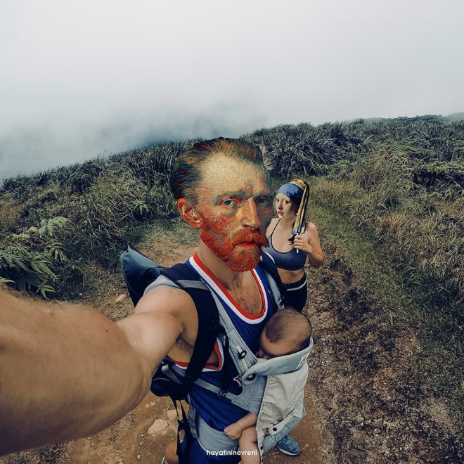 Famous paintings mashed up with a typical Instagram selfie.
