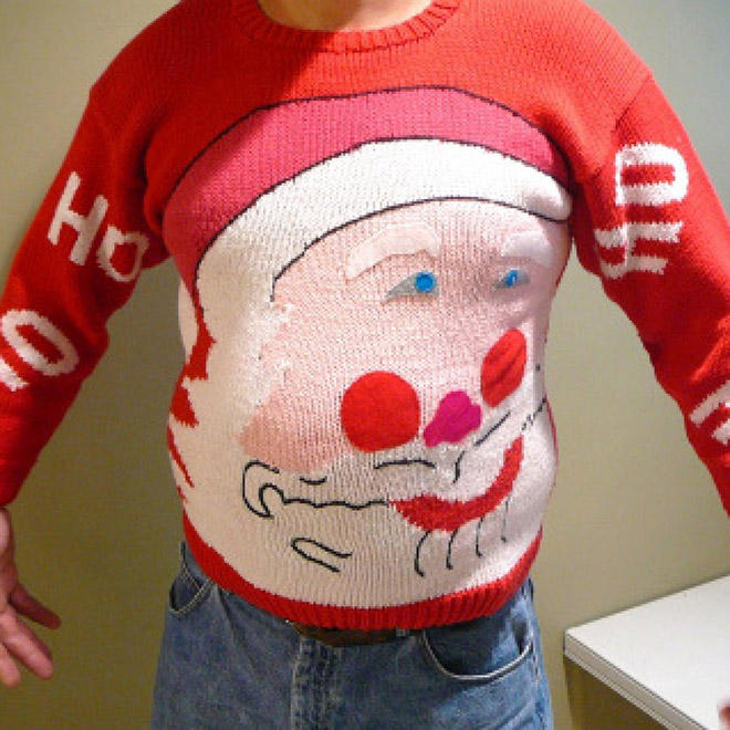 Disfigured Santa Christmas sweater.