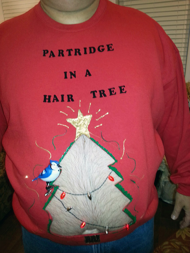 Ugly gut hair Christmas tree sweater.