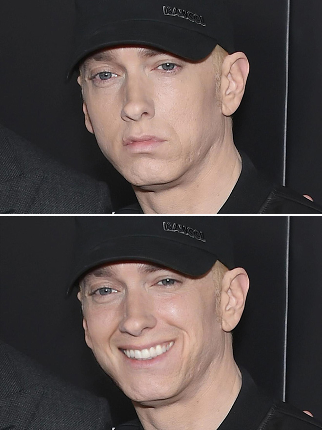 Smiling Eminem looks creepy.