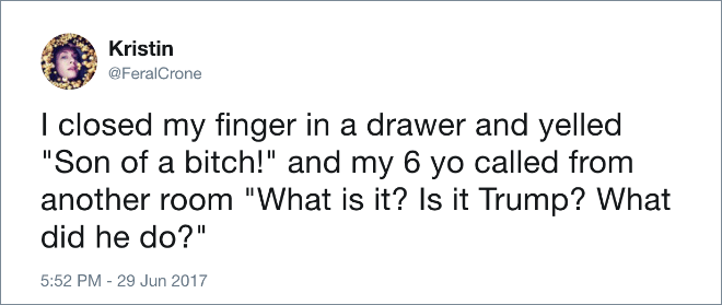I closed my finger in a drawer and yelled "Son of a bitch!" and my 6 yo called from another room "What is it? Is it Trump? What did he do?"