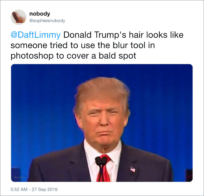 Donald Trump's hair looks like someone tried to use the blur tool in photoshop to cover a bald spot.