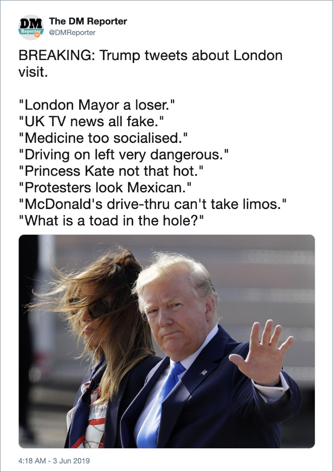 Funny tweet about Trump visiting the UK.