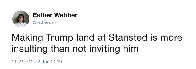 Funny tweet about Trump visiting UK.