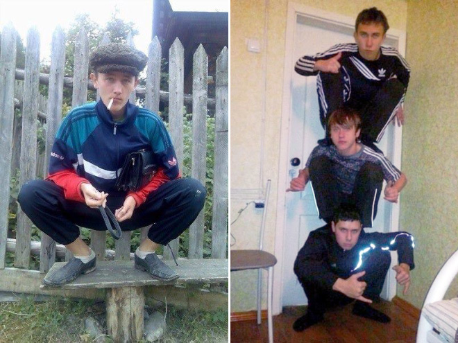 Squatting slavs in tracksuits.