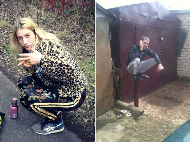 Squatting slavs in tracksuits.