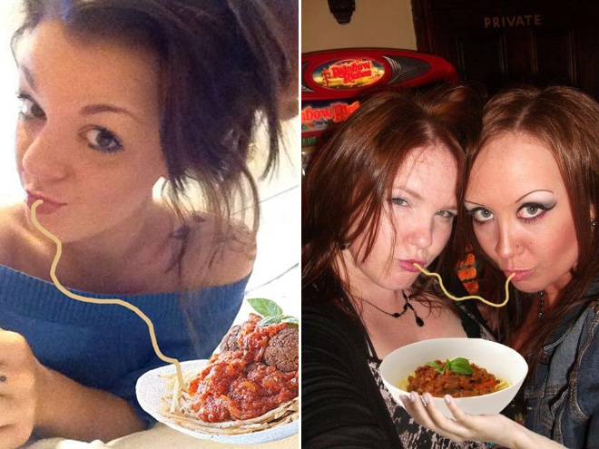 Tired of seeing duckface selfies on Instagram? Just add spaghetti! Once again, pasta fixes everything!