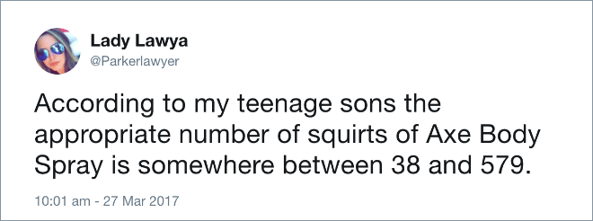 According to my teenage sons the appropriate number of squirts of Axe Body Spray is somewhere between 38 and 579.