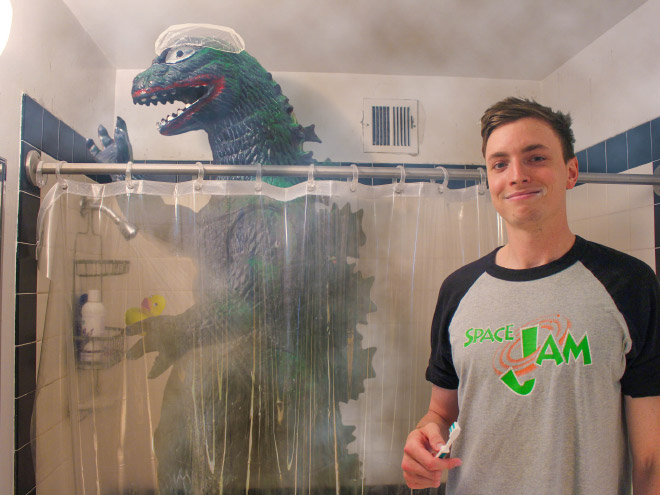 Washing together with Godzilla.