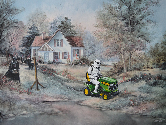 Pop culture characters added to thrift store paintings.