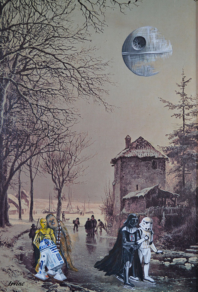 Pop culture characters added to thrift store paintings.