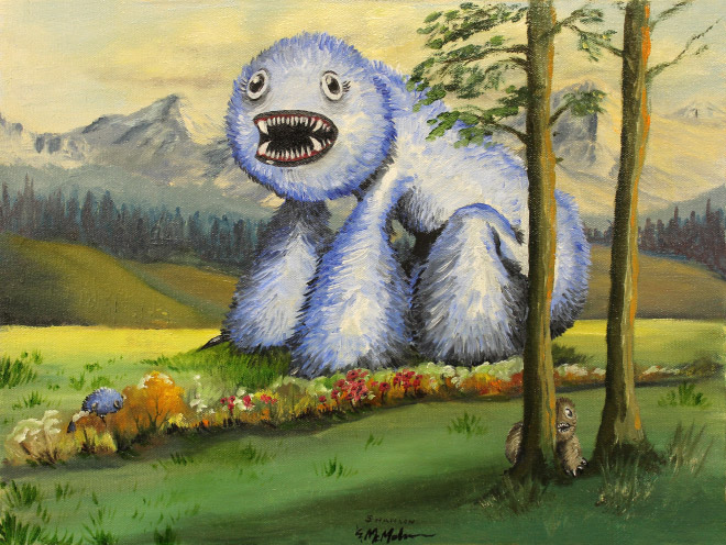 Monster added to a thrift store painting.