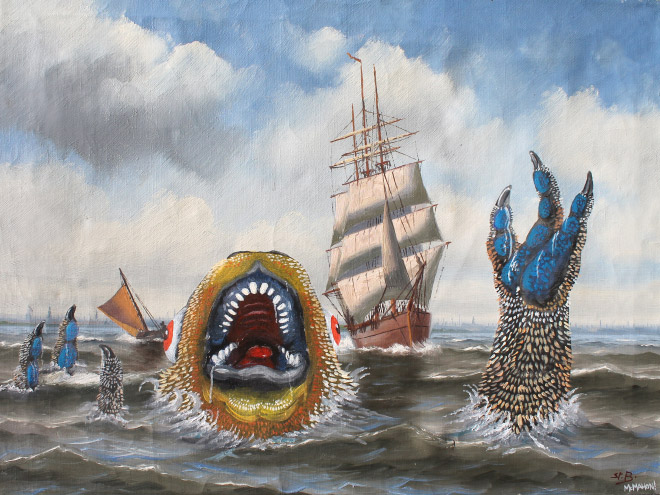 Monster added to a thrift store painting.