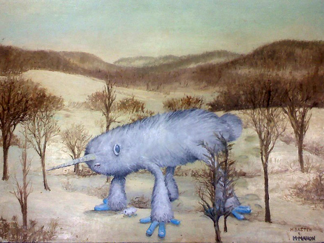 Monster added to a thrift store painting.