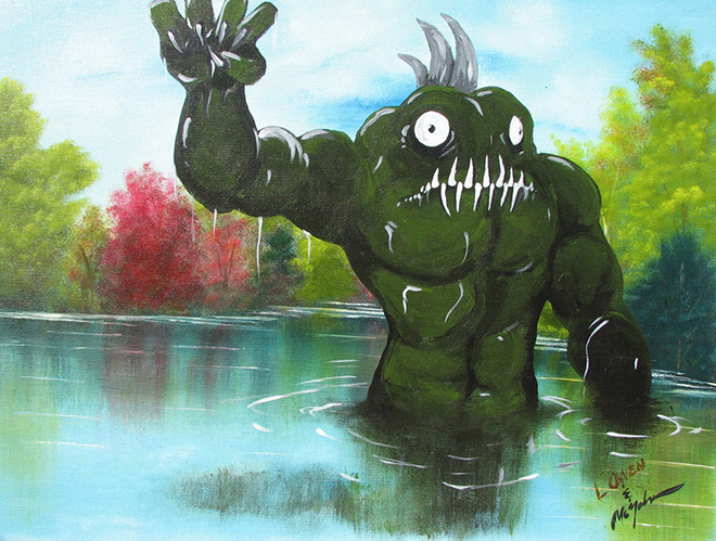 Monster added to a thrift store painting.