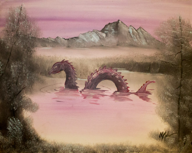 Monster added to a thrift store painting.