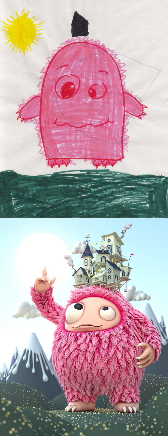 Kids' drawing recreated by a professional artist.
