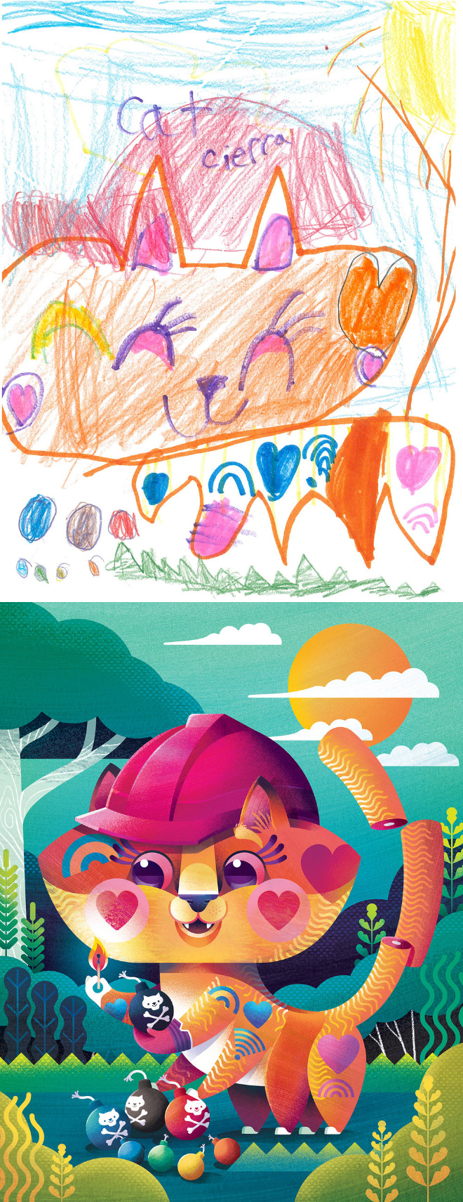 Kids' drawing recreated by a professional artist.