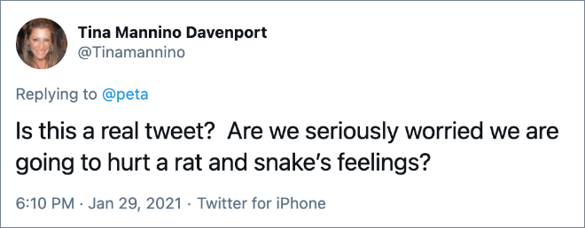 Is this a real tweet? Are we seriously worried we are going to hurt a rat and snake’s feelings?