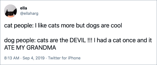 cat people: I like cats more but dogs are cool dog people: cats are the DEVIL !!! I had a cat once and it ATE MY GRANDMA