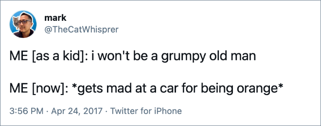 ME [as a kid]: i won't be a grumpy old man ME [now]: *gets mad at a car for being orange*