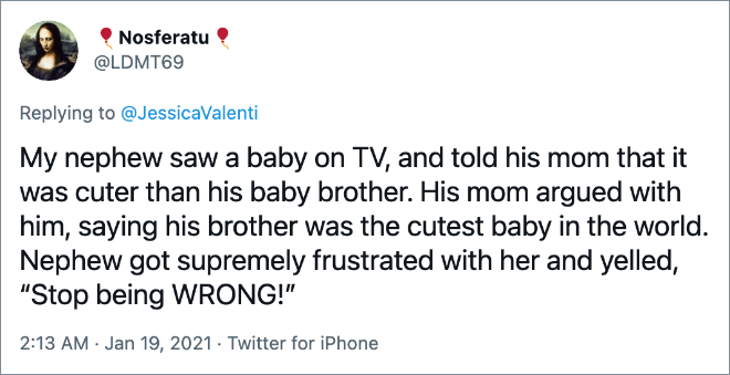 My nephew saw a baby on TV, and told his mom that it was cuter than his baby brother. His mom argued with him, saying his brother was the cutest baby in the world. Nephew got supremely frustrated with her and yelled, “Stop being WRONG!”
