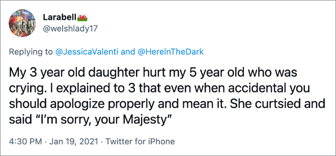 My 3 year old daughter hurt my 5 year old who was crying. I explained to 3 that even when accidental you should apologize properly and mean it. She curtsied and said “I’m sorry, your Majesty”