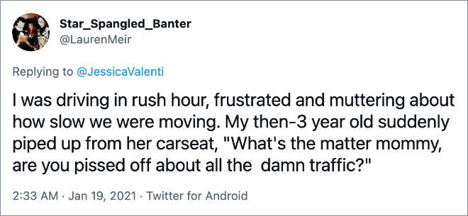 I was driving in rush hour, frustrated and muttering about how slow we were moving. My then-3 year old suddenly piped up from her carseat, "What's the matter mommy, are you pissed off about all the damn traffic?"