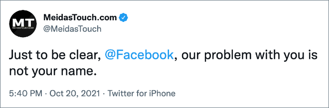 Just to be clear, @Facebook , our problem with you is not your name.
