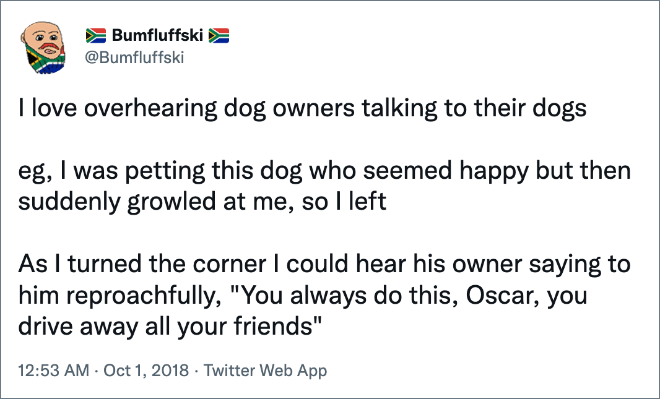 I love overhearing dog owners talking to their dogs