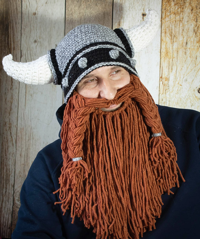 Crocheted viking hat.