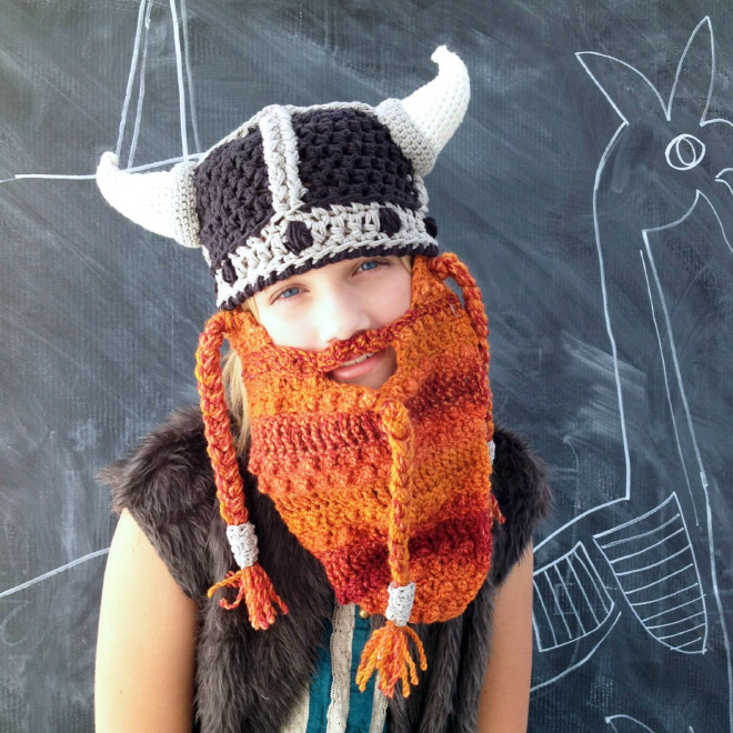 Crocheted viking helmet with beard.