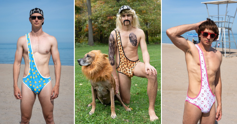 Fat man in one piece online bathing suit