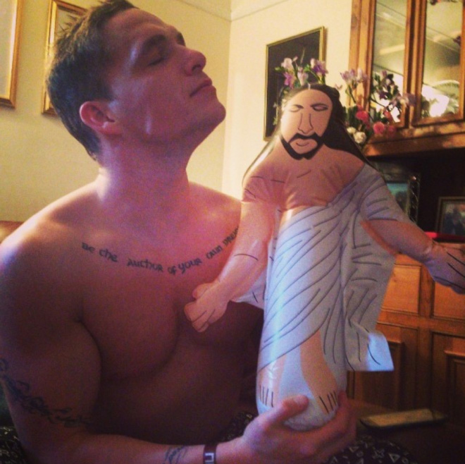 Having fun with Inflatable Jesus.