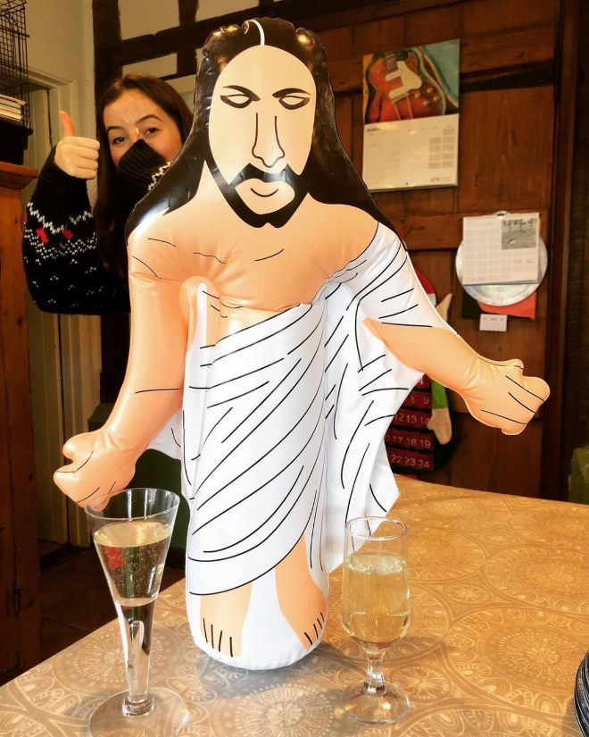 Having fun with Inflatable Jesus.