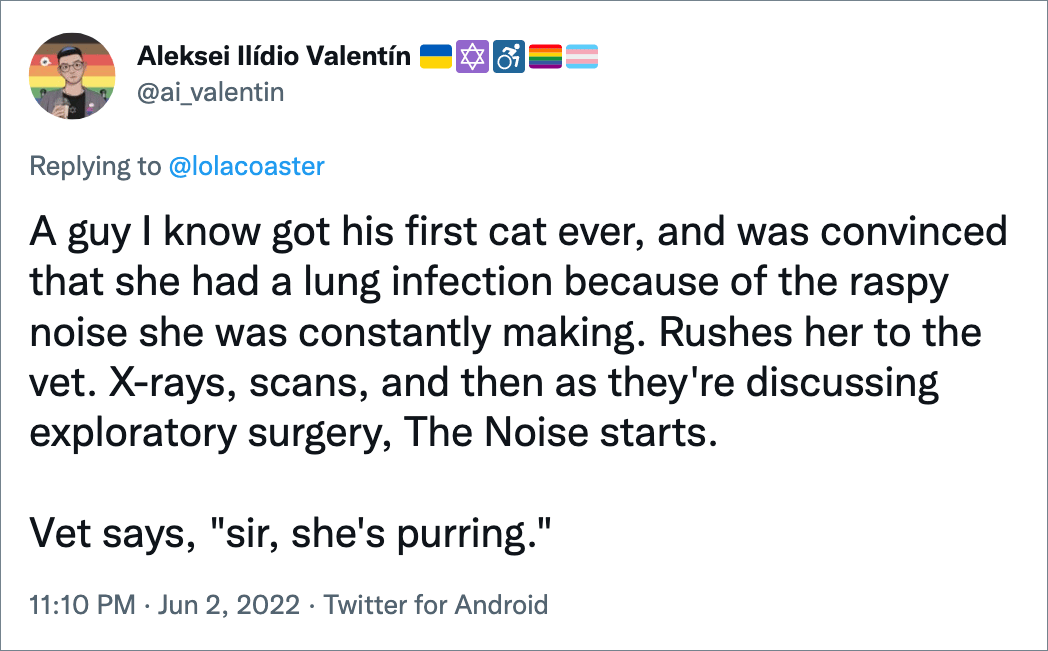 A guy I know got his first cat ever, and was convinced that she had a lung infection because of the raspy noise she was constantly making. Rushes her to the vet. X-rays, scans, and then as they're discussing exploratory surgery, The Noise starts. Vet says, "sir, she's purring."