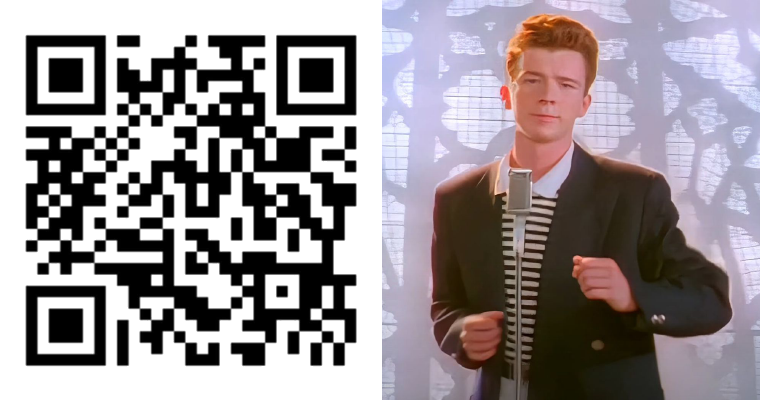 Rick Roll funny prank Video link readable QR Code 3x3 pattern white fuchsia  | Sticker