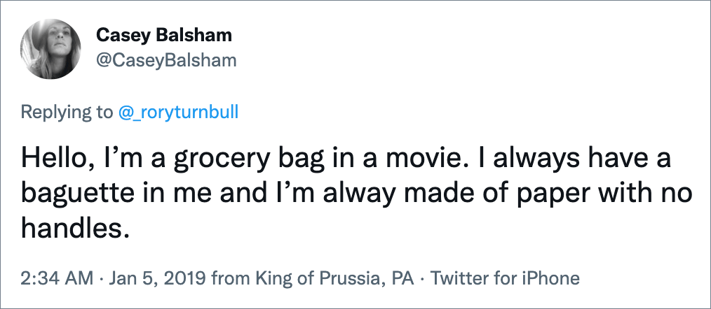 Hello, I’m a grocery bag in a movie. I always have a baguette in me and I’m alway made of paper with no handles.