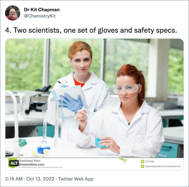 4. Two scientists, one set of gloves and safety specs.