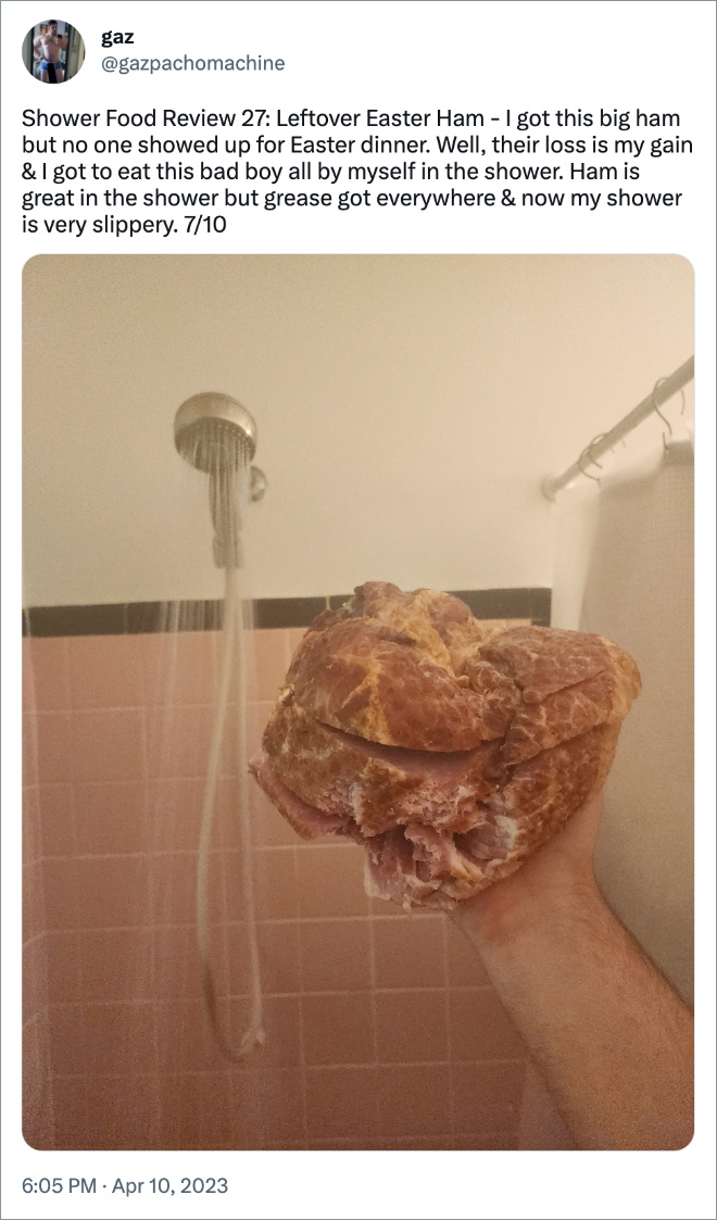 Shower Food Review 27: Leftover Easter Ham - I got this big ham but no one showed up for Easter dinner. Well, their loss is my gain & I got to eat this bad boy all by myself in the shower. Ham is great in the shower but grease got everywhere & now my shower is very slippery. 7/10