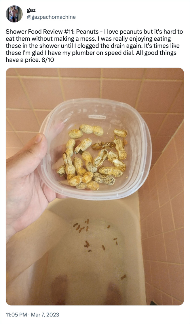Shower Food Review #11: Peanuts - I love peanuts but it's hard to eat them without making a mess. I was really enjoying eating these in the shower until I clogged the drain again. It's times like these I'm glad I have my plumber on speed dial. All good things have a price. 8/10