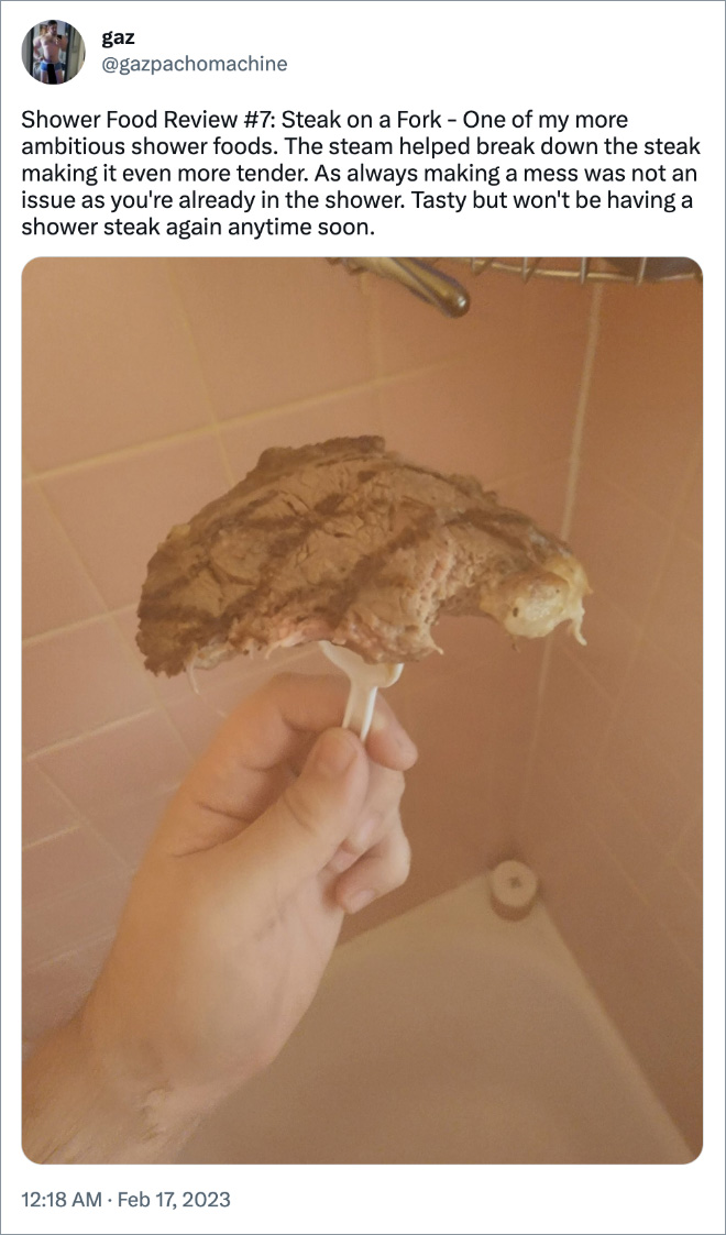 Shower Food Review #7: Steak on a Fork - One of my more ambitious shower foods. The steam helped break down the steak making it even more tender. As always making a mess was not an issue as you're already in the shower. Tasty but won't be having a shower steak again anytime soon.