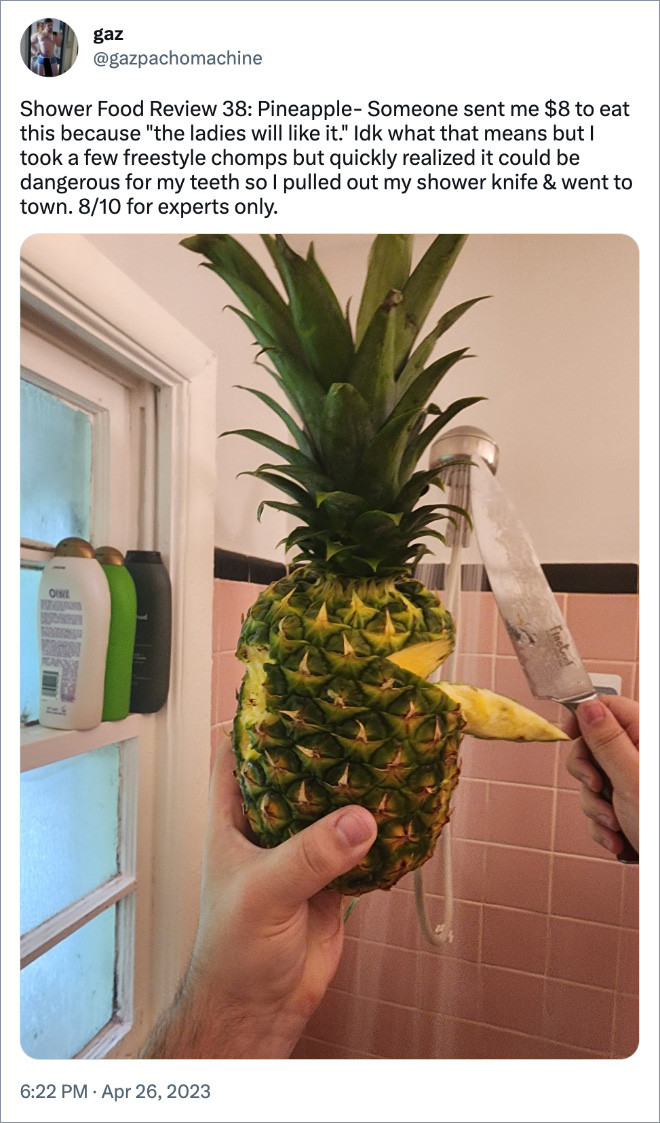 Shower Food Review 38: Pineapple- Someone sent me $8 to eat this because "the ladies will like it." Idk what that means but I took a few freestyle chomps but quickly realized it could be dangerous for my teeth so I pulled out my shower knife & went to town. 8/10 for experts only.