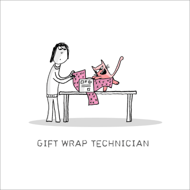 Gift wrap technician. Important cat job.